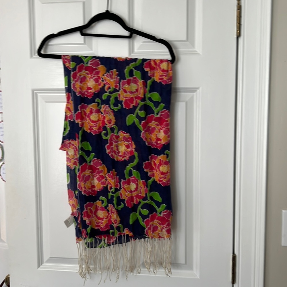 Lilly Pulitzer Cashmere/Silk Navy Scarf with Pink and Orange Florals & Fringe